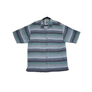 Tommy Bahama 100% Silk Striped Button Up Shirt – Size L – Blue Green Gray